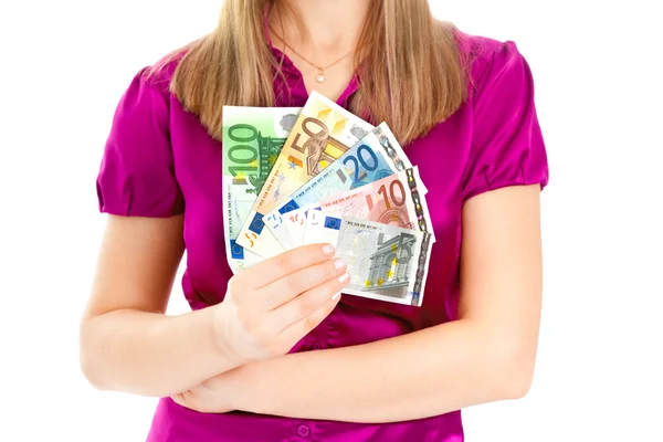 Woman holding euro in her hands — Stock Photo, Image