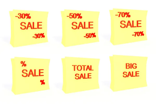 3d bolsas de compras con letrero de venta sobre fondo blanco —  Fotos de Stock
