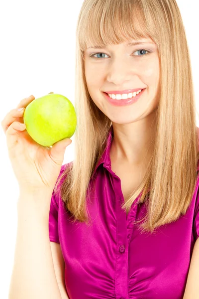 Beautiful woman with apple smiling — Stock Photo, Image