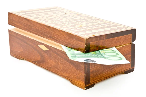 Caja de madera con dinero — Foto de Stock
