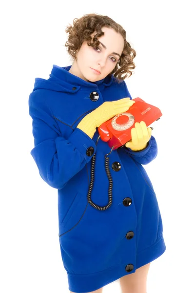 Girl with old red telephone — Stock Photo, Image