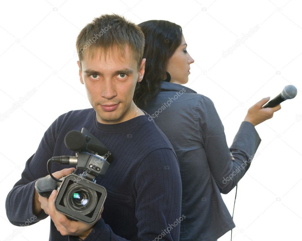 TV reporter and teleoperator (focus on face)