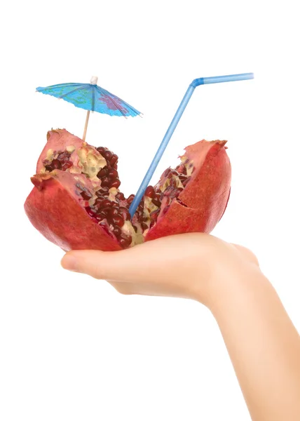 Girl with pomegranate and straw drinking — Stock Photo, Image