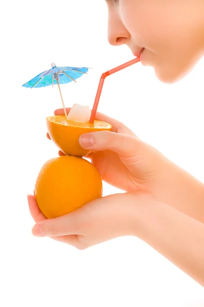 Woman drinking creativity orange juice — Stock Photo, Image