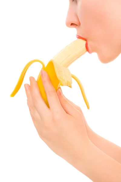 stock image Woman's hands and lips with banana