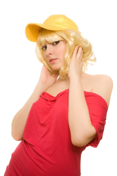 Frau mit gelber Mütze — Stockfoto