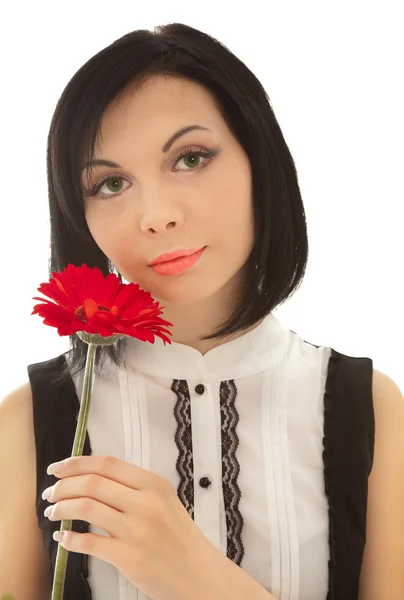 Bild einer schönen Frau mit roter Blume — Stockfoto