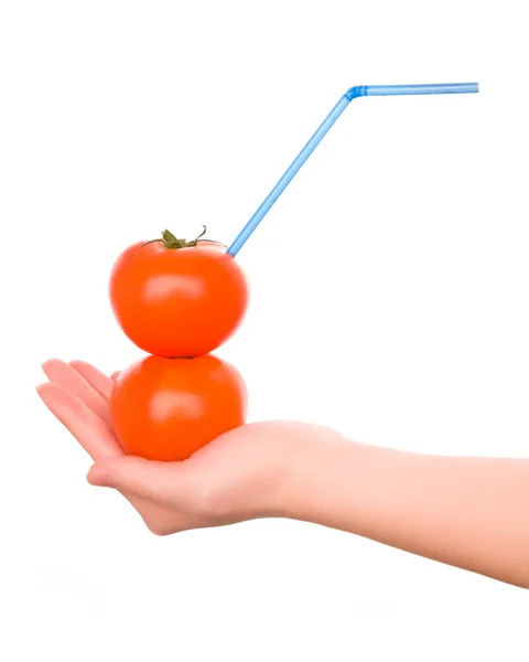 Two tomatos with straw isolated on white background — Stock Photo, Image