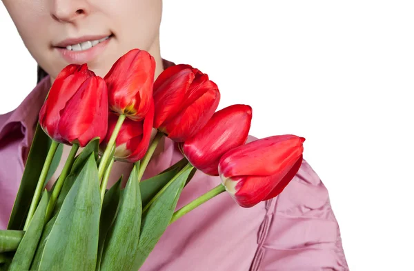 Dziewczyna z rad tulipanów bukiet — Zdjęcie stockowe