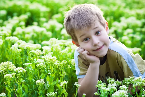Ευτυχισμένο αγόρι που βρίσκεται στο καταπράσινο γρασίδι — Φωτογραφία Αρχείου