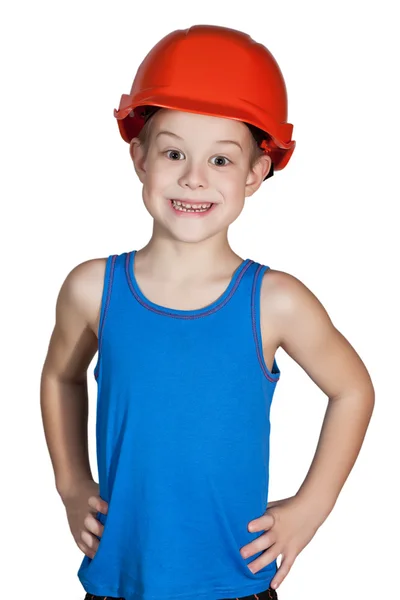 ハード帽子と大きすぎるジーンズの少年 — ストック写真
