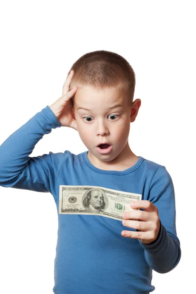 Pequeño niño sosteniendo un dólar — Foto de Stock