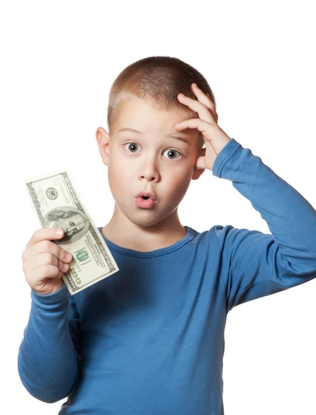 Küçük çocuk bir dolar tutan — Stok fotoğraf