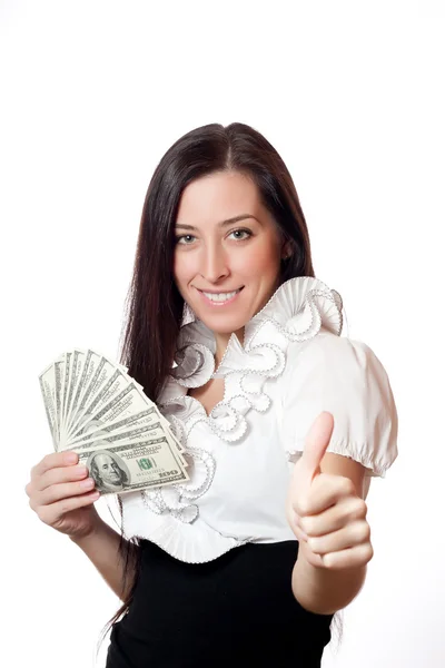 Hermosa chica sosteniendo dólares — Foto de Stock