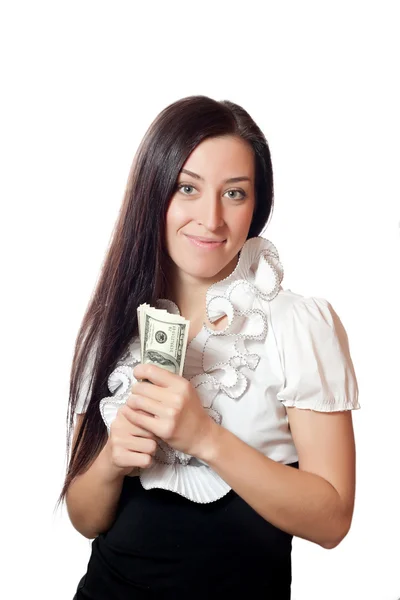 Hermosa chica sosteniendo dólares — Foto de Stock