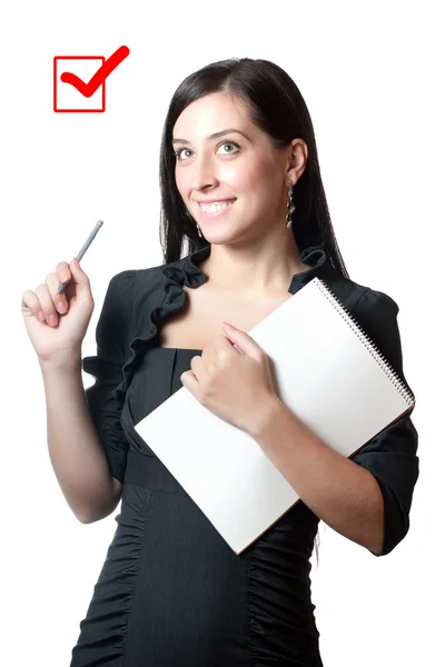 Businesswomanl drží značku — Stock fotografie