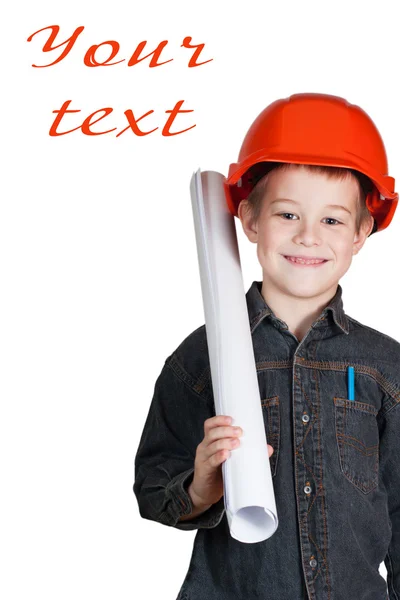 Little boy with drawing and in hard hat — Stock Photo, Image