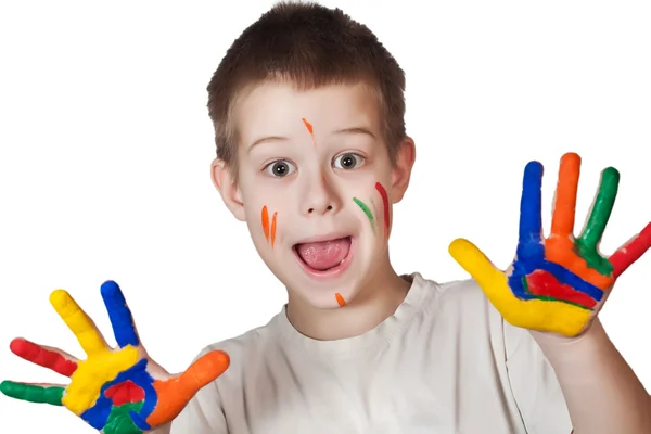 Child showing his colored hands — Stock Photo, Image