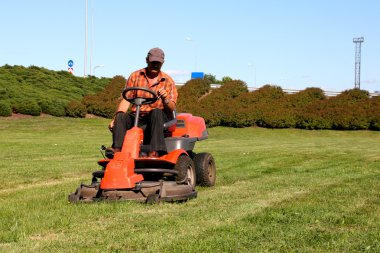 Mature man driving grass cutter clipart