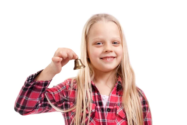 Flicka som håller en liten klocka — Stockfoto