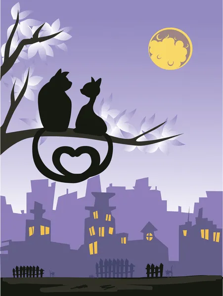 Dois gatos amorosos em uma árvore acima do horizonte da cidade noturna . — Vetor de Stock