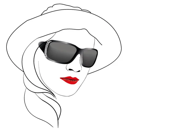 La muchacha hermosa en el sombrero y las gafas oscuras — Vector de stock