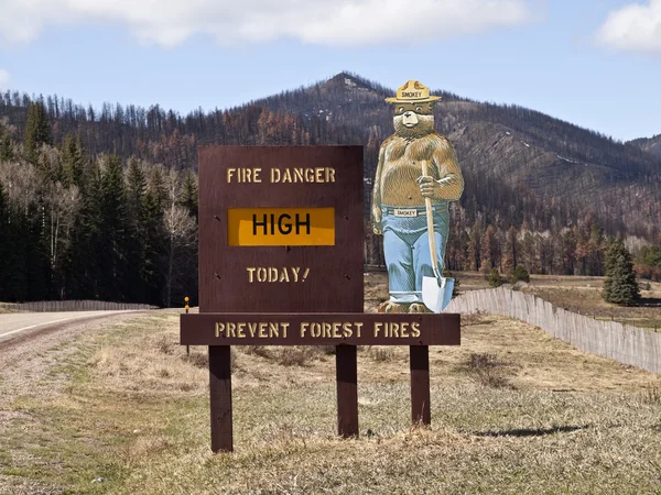 Smokey Bear Sign with Burned Mountain Backdrop — Stock Photo, Image