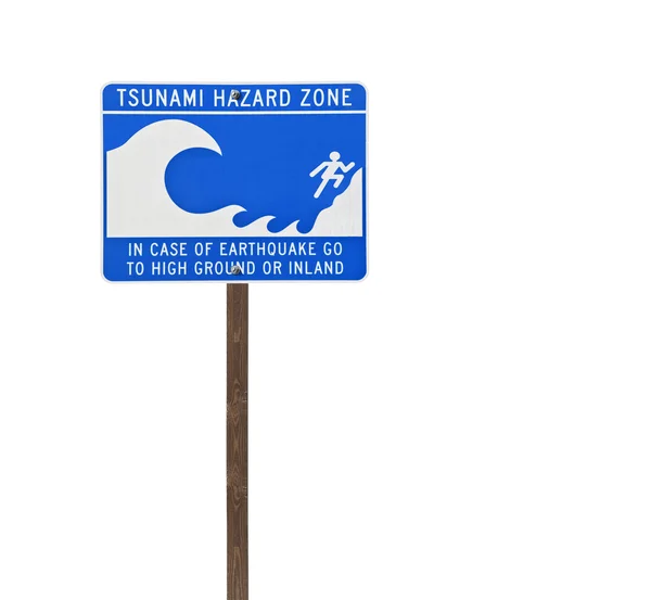 Sinal de tsunami isolado alto no Wood Post — Fotografia de Stock