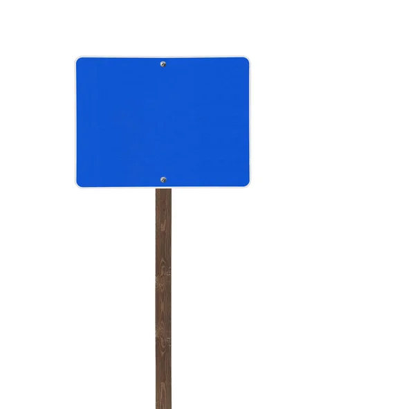 Lang geïsoleerd blauwe verkeersbord op een houten post — Stockfoto