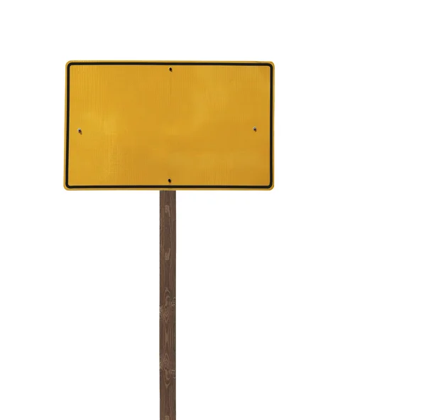 Wysoki na białym tle drogi żółty znak na drewniane post — Zdjęcie stockowe