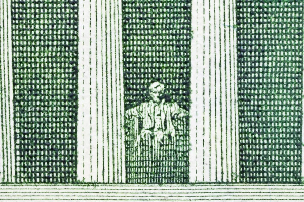 Lincoln memorial makro geri bize beş dolarlık banknot — Stok fotoğraf