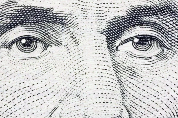 Lincoln's Eyes Extreme Macro US Five Dollar Bill — Stock Photo, Image