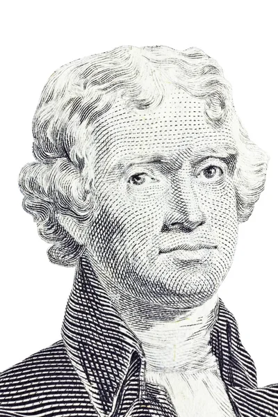 Makro na białym tle Thomas jefferson w USA dwóch dolara. — Zdjęcie stockowe