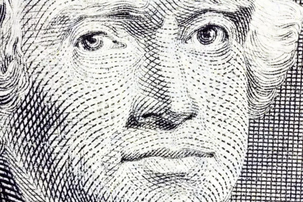 Macro of Thomas Jefferson on the US two dollar bill. — Stock Photo, Image