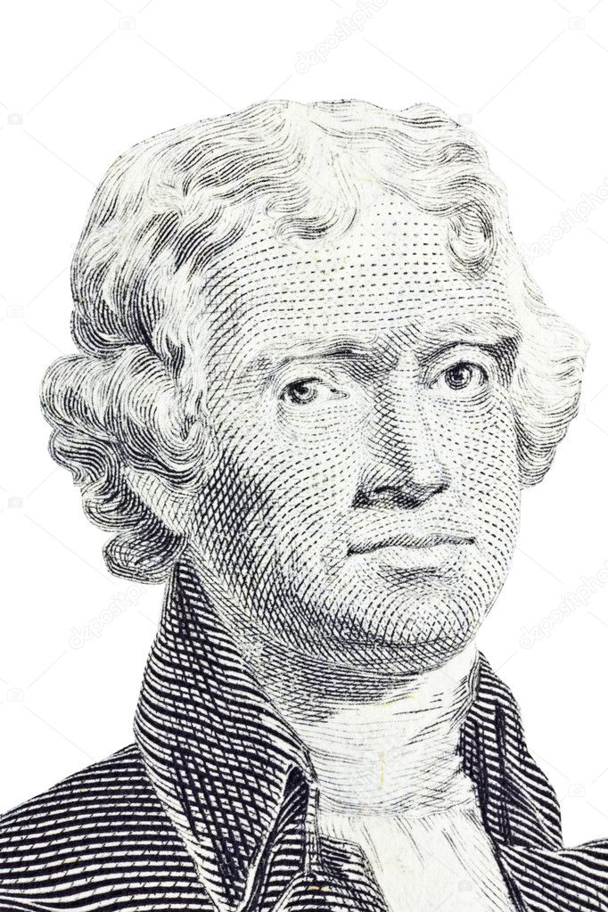 Isolated Macro of Thomas Jefferson on the US two dollar bill.