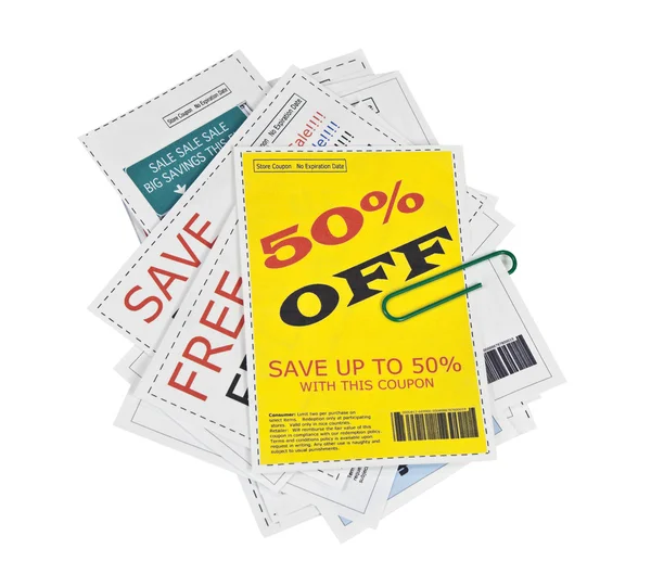 Fake Coupon Clippings with Paper Clip — Stock Photo, Image