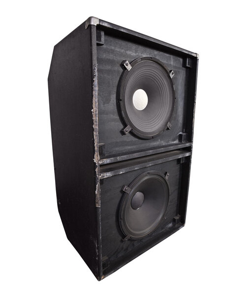 Giant thrashed bass speaker cabinet with 15 inch woofers.