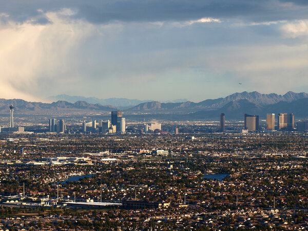 Mountain top view of winter storm clouds over Las Vegas.