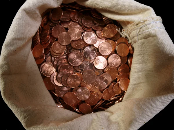 Pennies in a Sack — Stock Photo, Image