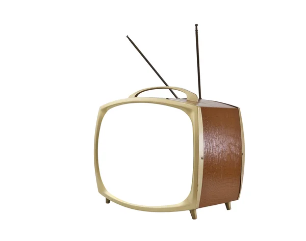 Télévision à écran blanc vintage avec côté vinyle brun — Photo