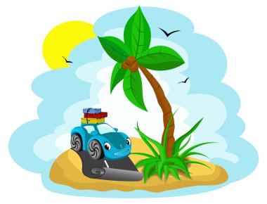 Blue car with the luggage under a palm tree clipart