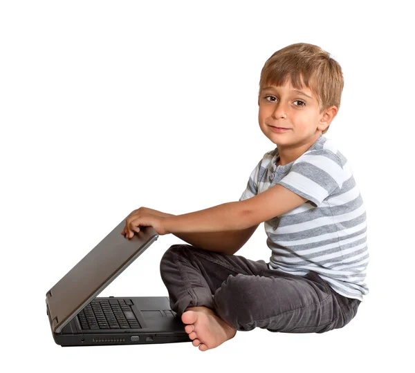 Boy with laptop isolated on white background — Stock Photo, Image
