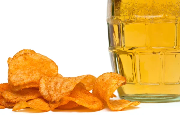 stock image Beer and potato chips on white background