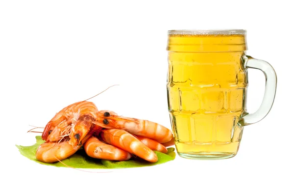 Fresh shrimp on lettuce leaf and a glass of beer isolated on white backgrou — Stock Photo, Image