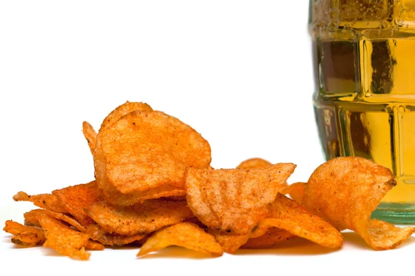 Stock image Beer and potato chips on white background