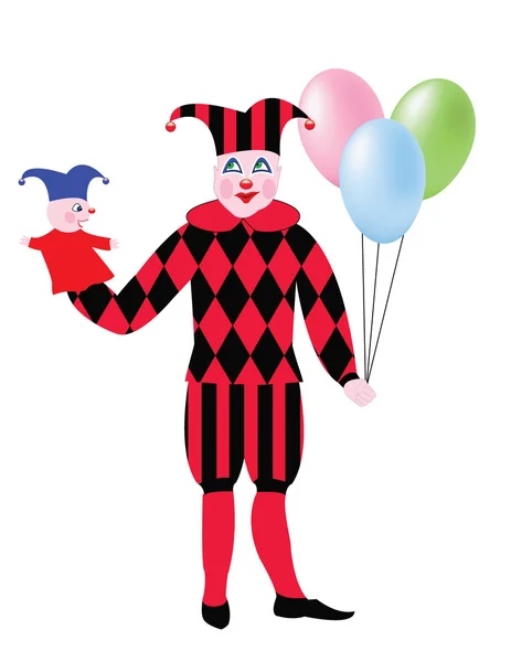 Clown avec des ballons et une marionnette dans les mains . — Image vectorielle