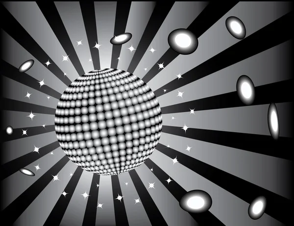 Ігристий срібний диско-куля з зірками, що вибухають позаду на чорному фоні — стоковий вектор