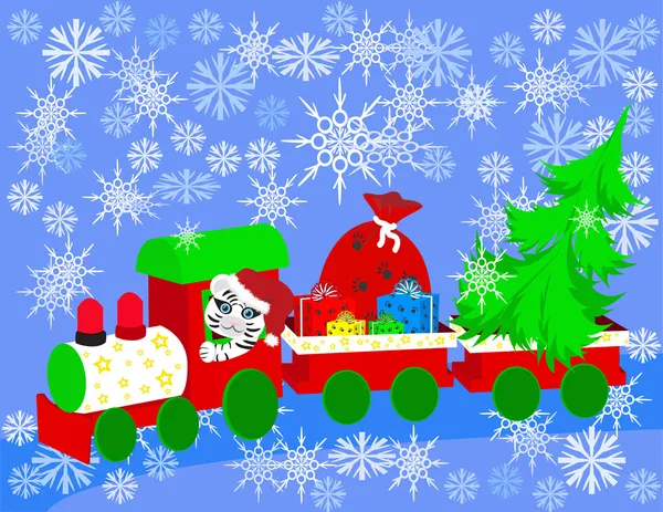 Christmas train with tree and gifts — Stock Vector