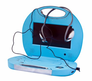 Portable DVD player with headphones, isolated on a white background. clipart