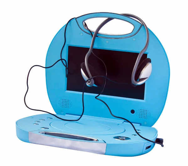 Φορητό dvd player με ακουστικά, απομονωθεί σε λευκό φόντο. — Φωτογραφία Αρχείου
